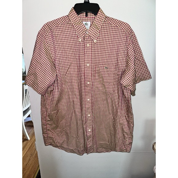 Lacoste Other - Lacoste Men 42 Large Red Yellow Gingham Short Sleeve Button-Up Shirt Regular Fit